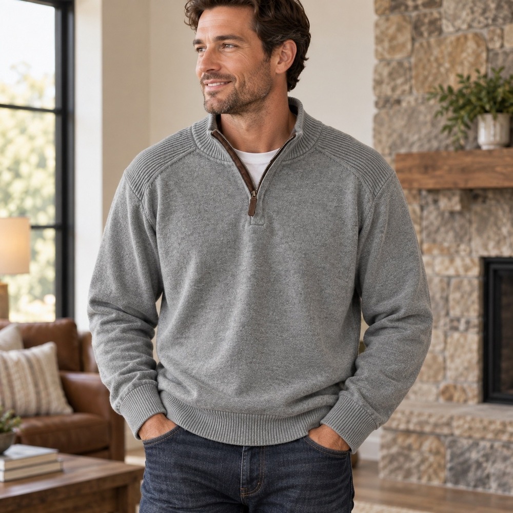 Tasso Elba Mens Gray 100% Cotton Quarter Zip Sweater Elbow Patches Size XL